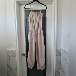 H&M Beige Smocked Strap Jumpsuit with Button Front